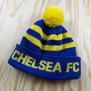 Official Chelsea FC Beanie Hat Blue Yellow Striped Pom Pom Knit Soccer Fan Gear